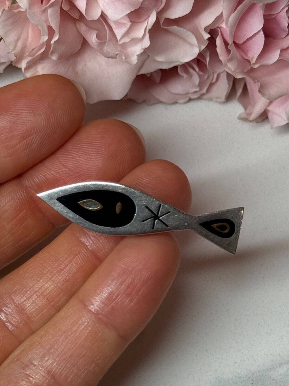 925 Sterling Silver Black Evil Eye Enamel Brooch Length 1.5 In